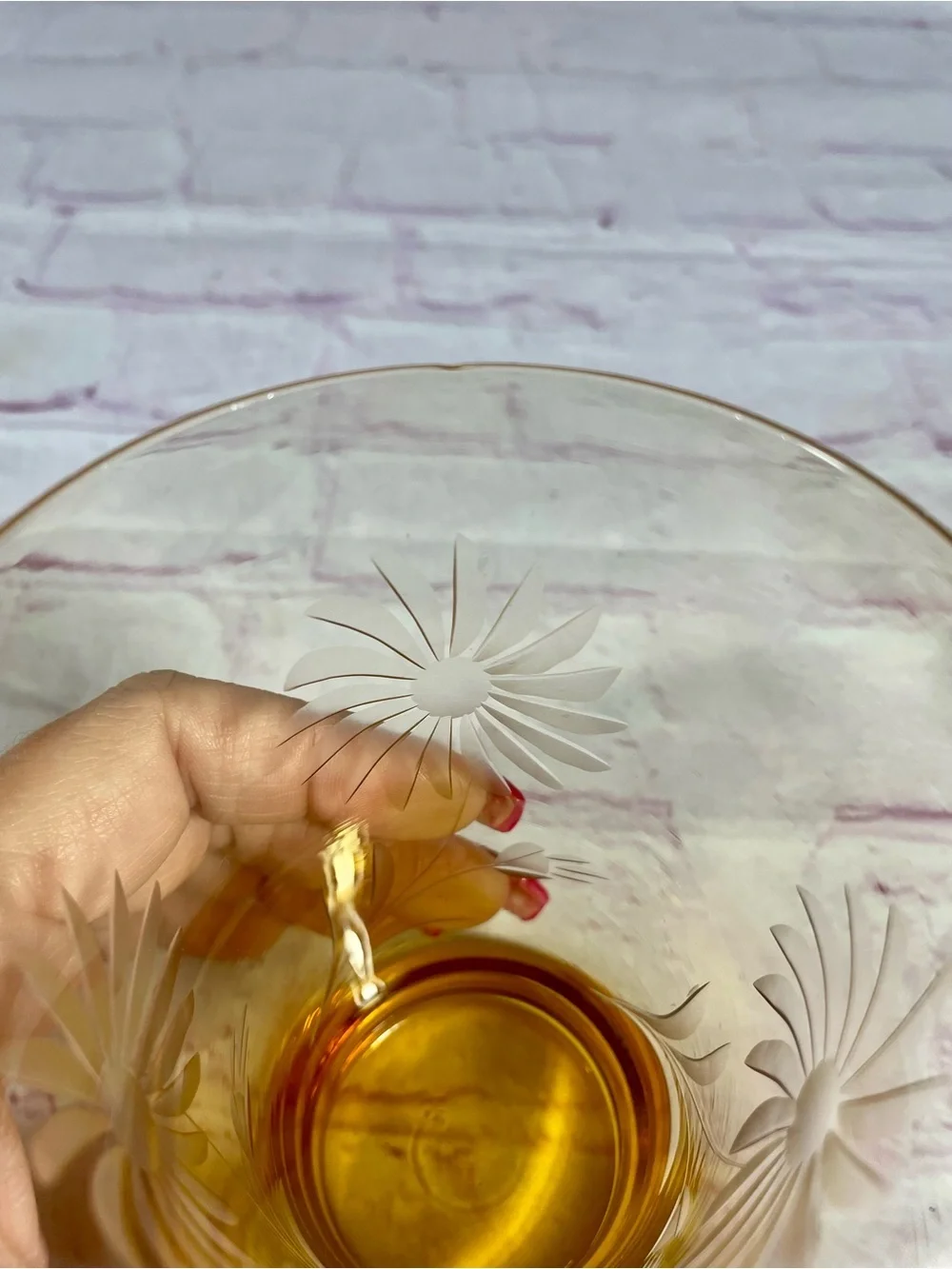 Vintage Amber Glass Etched Floral Tumbler Pair
